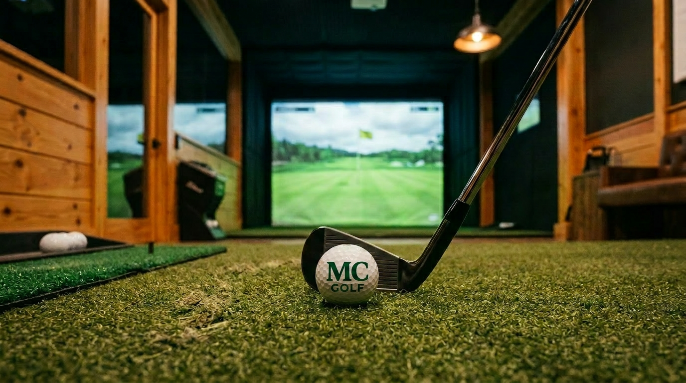 Balle MC Golf Académie devant un simulateur de golf intérieur